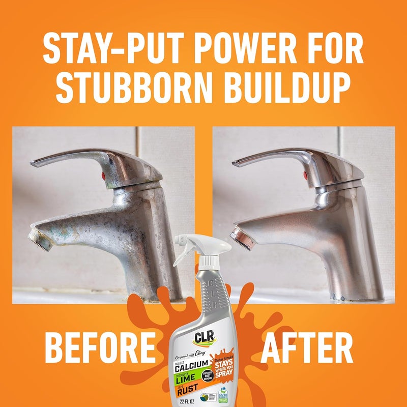 CLR Brands Calcium, Lime & Rust Remover with Cling, 22 oz. Spray Bottle, Adheres to Hard-to-Reach Surfaces, Blasts Calcium, Dissolves Lime Deposits, Zaps Stubborn Rust Stains and Hard Water Deposits - Image 4